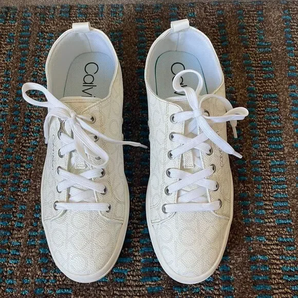 Calvin Klein Women's Michaela sneakers white monogram print Shoe Size 12 - Picture 2 of 8